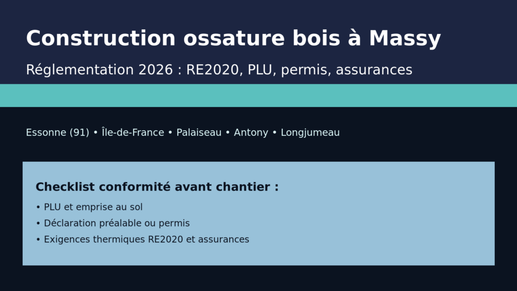 Construction ossature bois à Massy en Essonne (91) : visuel réglementation 2026 sur PLU, permis et exigences RE2020